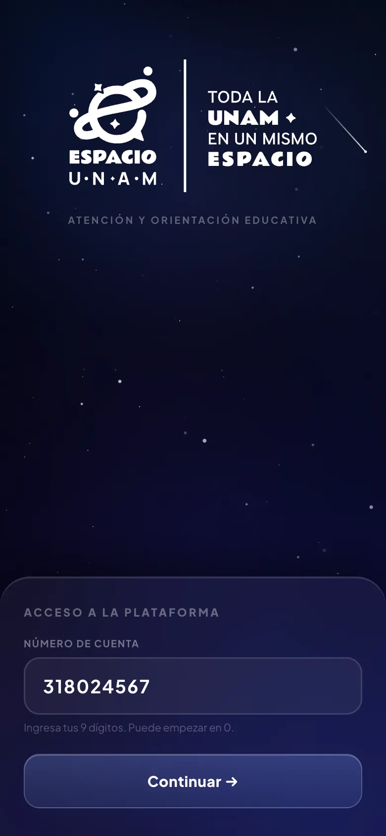 Pantalla del paso 1: Abre espacio.unam.mx y escribe tu número de cuenta