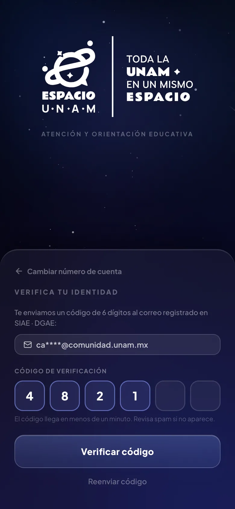 Pantalla del paso 2: Escribe el código que te llegó por correo