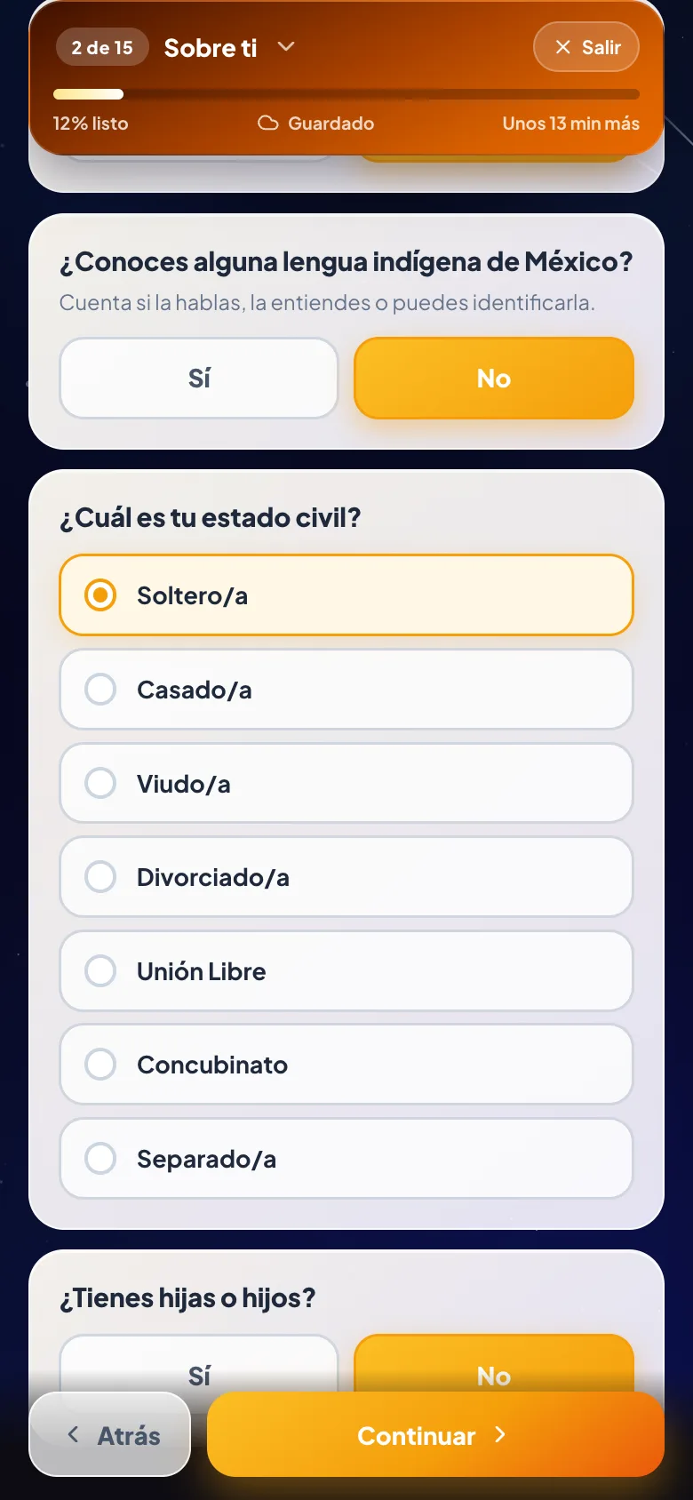 Pantalla del paso 6: Sobre ti y tu situación