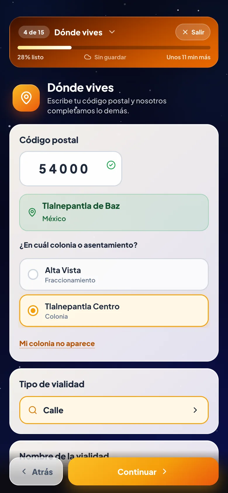 Pantalla del paso 7: Dónde vives