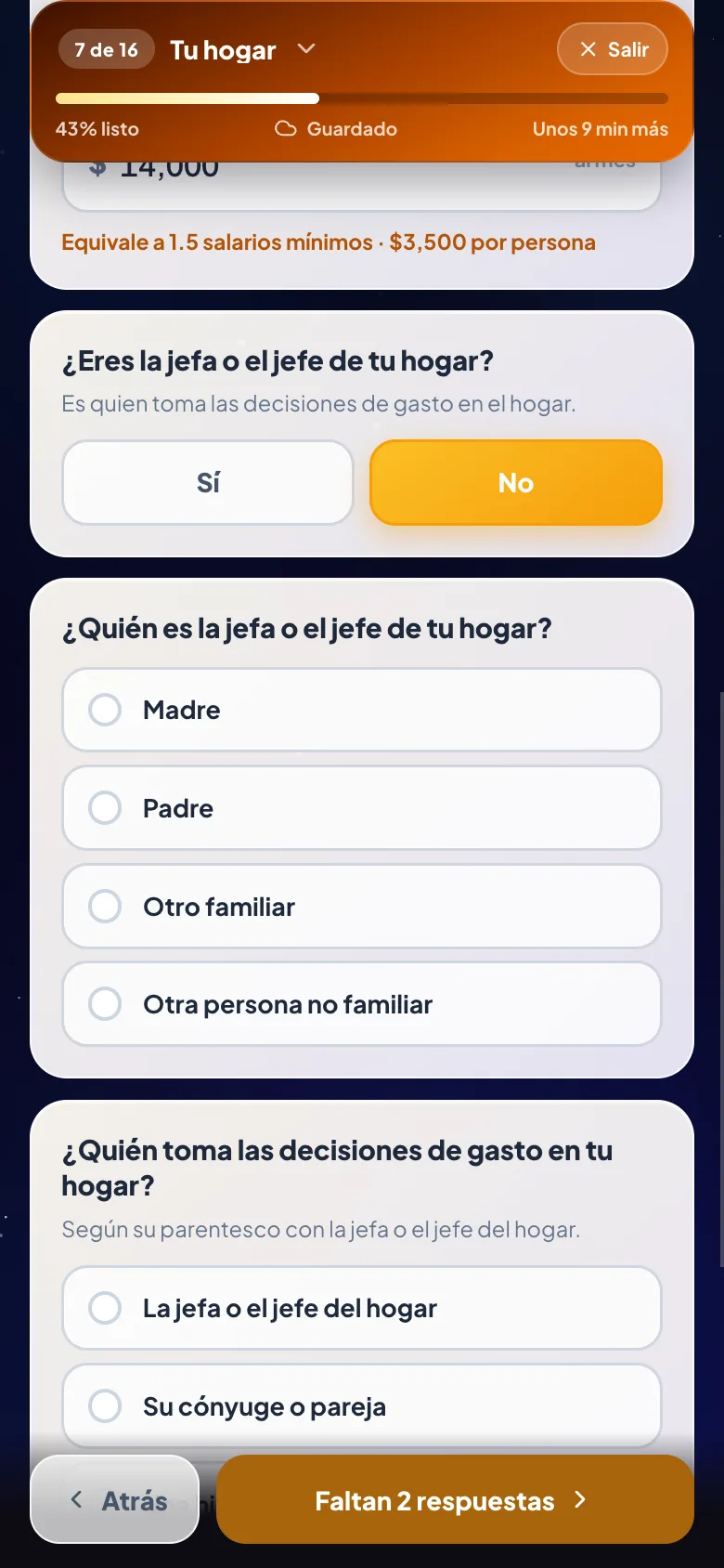 Pantalla del paso 8: Tu hogar, tu trabajo y tus gastos