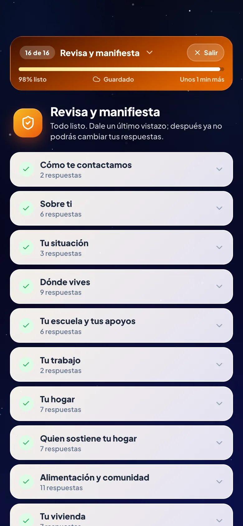 Pantalla del paso 11: Revisa todas tus respuestas